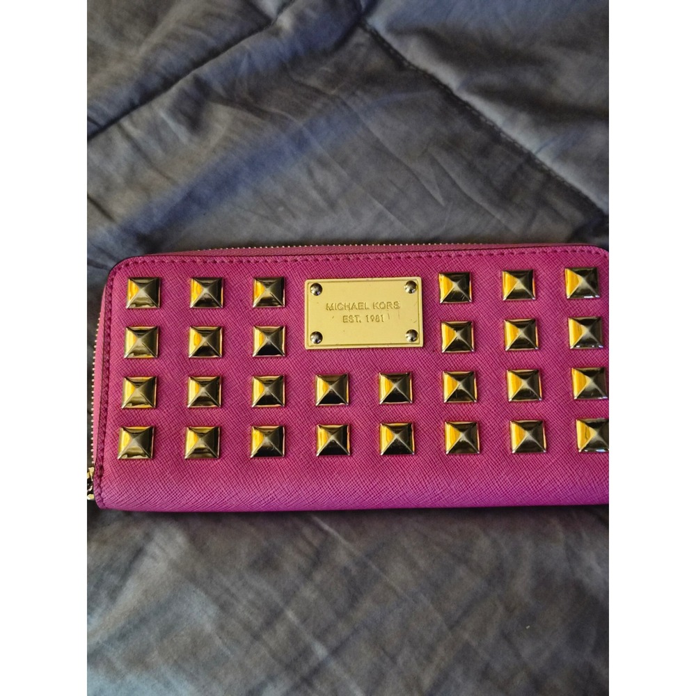 Michael Kors Jet Set Fuchsia Pink Saffiano Leather Studded Zip Around Wallet